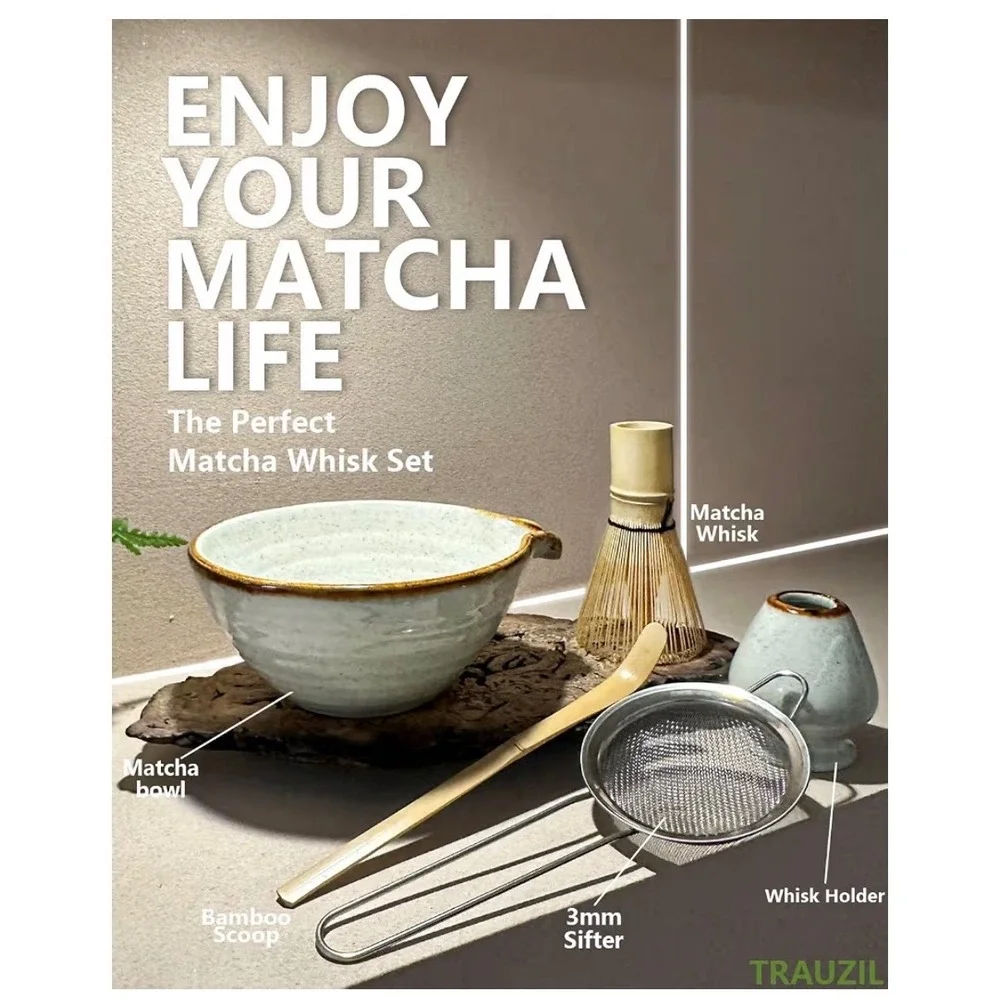 Trauzil Matcha Whisk Set 5-Piece Ceramic Bowl Bamboo Whisk Scoop Sifter Green